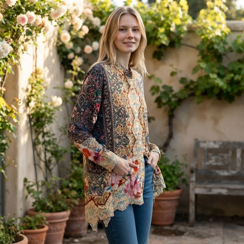 Johnny Was Womens Silk Floral Paisley Tunic Blouse SMALL Multicolor Boho Button